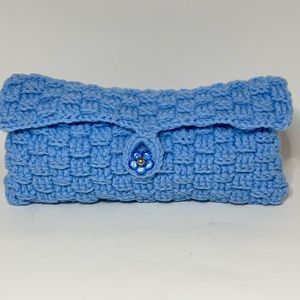 Handmade Crochet Clutch Blue Purse Basket Weave Stitch Flower Button Closure
